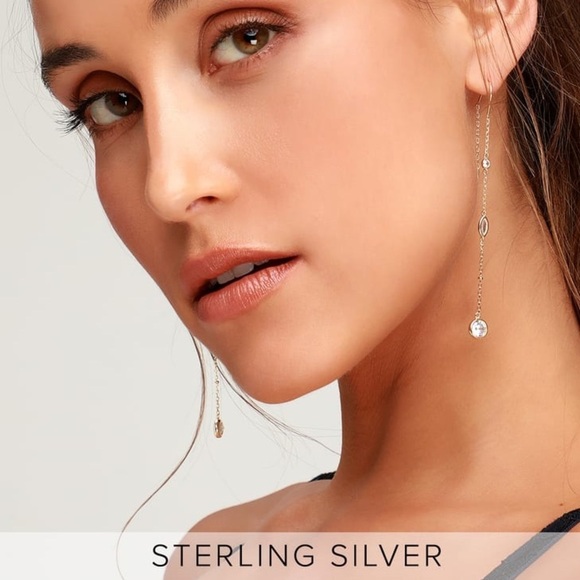 Gold Plated Sterling Silver Crystal Linear Long Threader Earrings - Picture 2 of 5